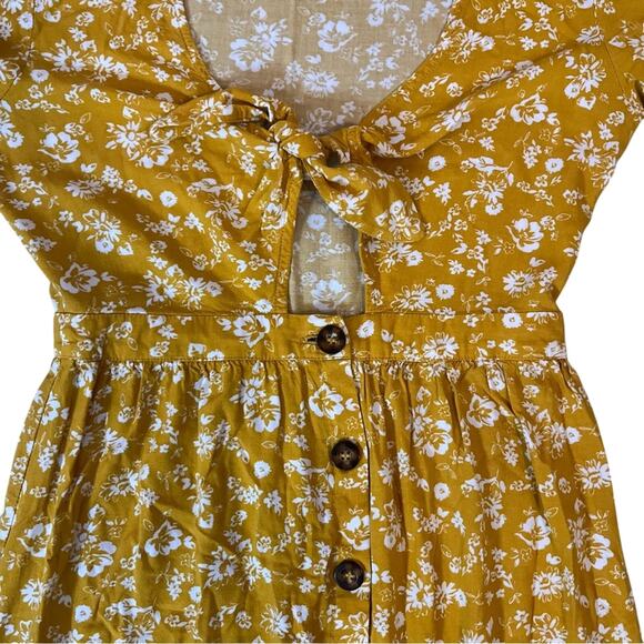 Mimi Chica Yellow Floral Tie Front Button Midi Dress Bell Sleeve Boho Sz Medium - Picture 8 of 8